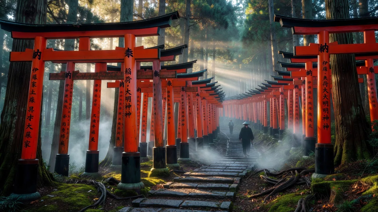 Thousands of vermilion torii gates winding up the mountain at Fushimi Inari Shrine