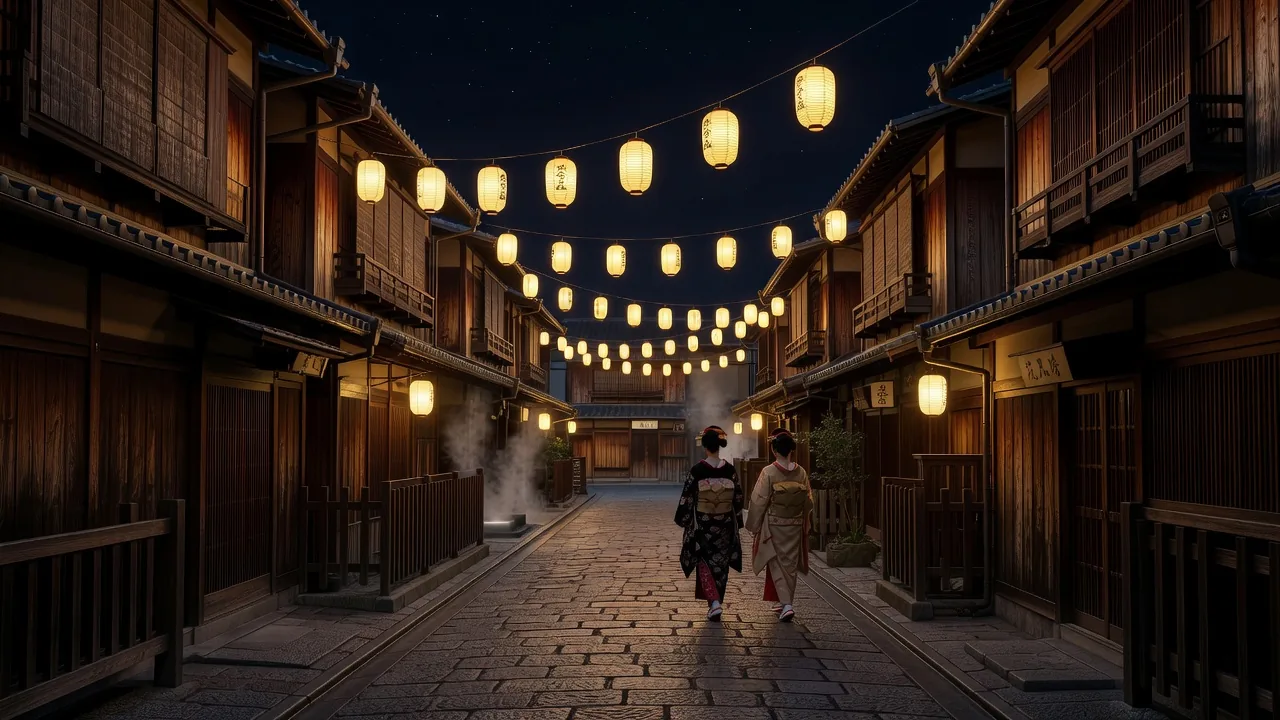The iconic red and gold Gion Matsuri festival floats and lanterns illuminating Kyoto's streets at night