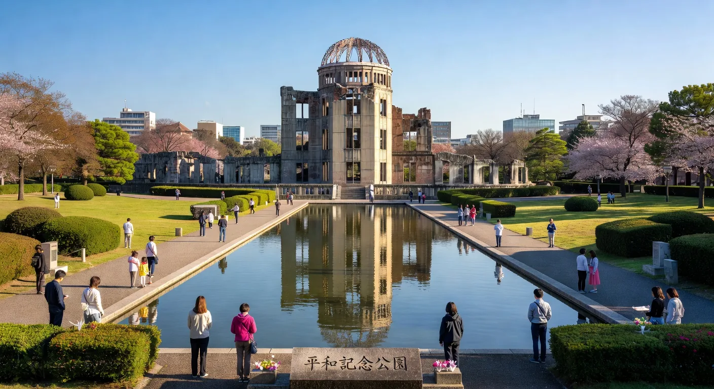 Hiroshima Peace Memorial Park with the Atomic Bomb Dome reflecting in the river