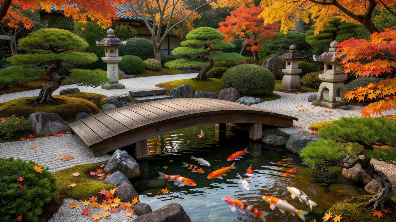 Traditional Japanese garden with koi carp swimming in a serene pond surrounded by manicured trees