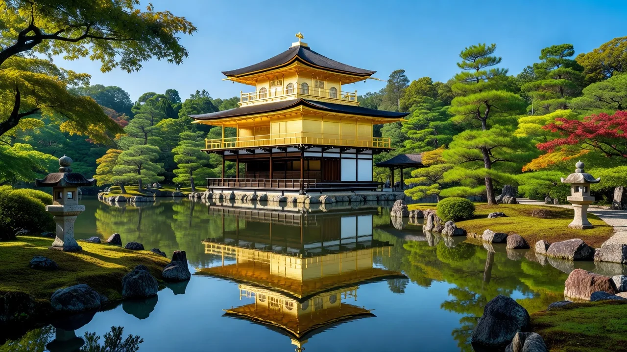 The Golden Pavilion (Kinkaku-ji) reflecting in its mirror pond in Kyoto
