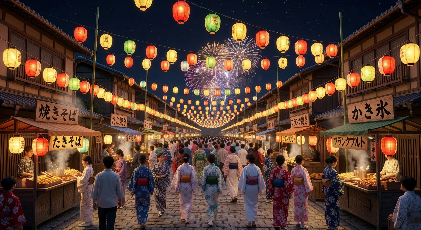 Thousands of glowing lanterns floating up into the night sky at a Japanese summer festival