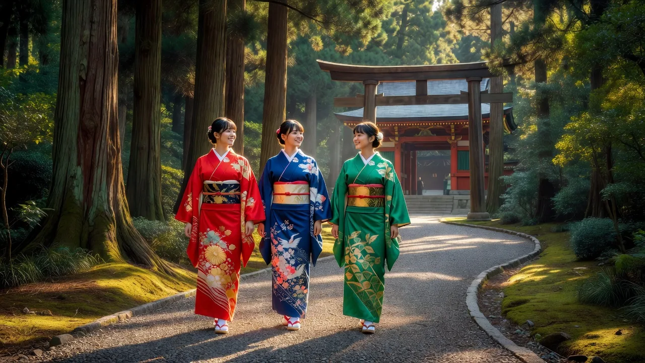 Visitors in traditional kimono walking through the forested grounds of Meiji Shrine Tokyo