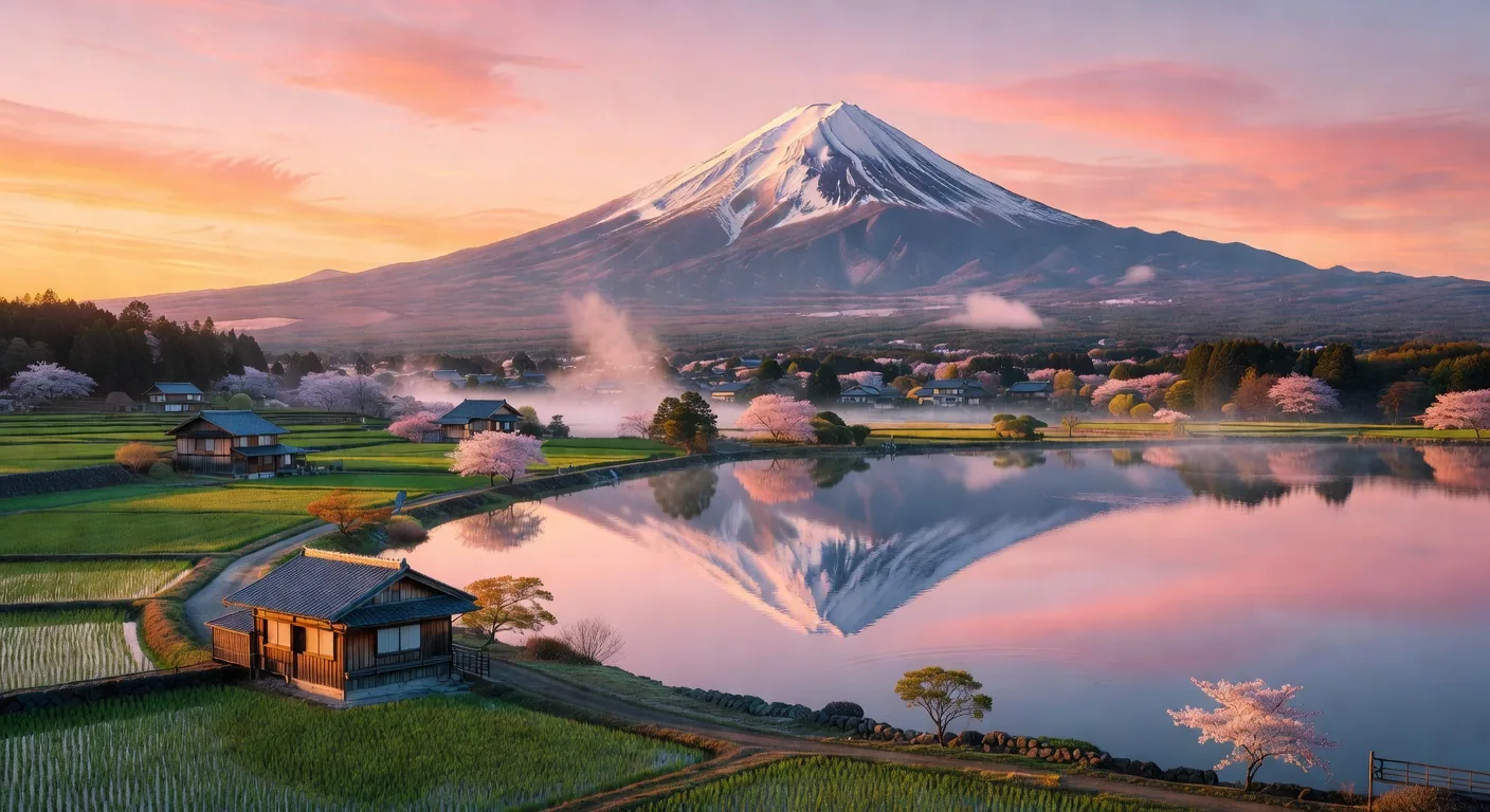 Mount Fuji's snow-capped peak glowing pink and orange at dawn with dramatic clouds