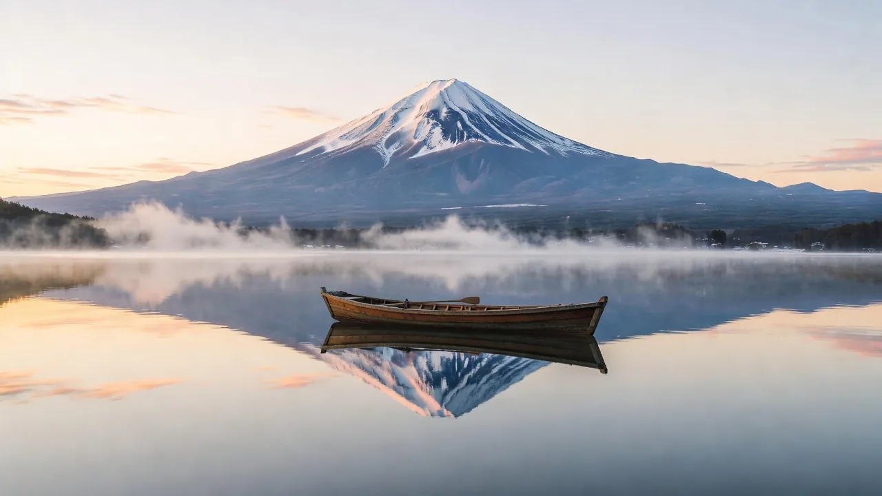 Perfect reflection of snow-capped Mount Fuji in the still waters of Lake Kawaguchi