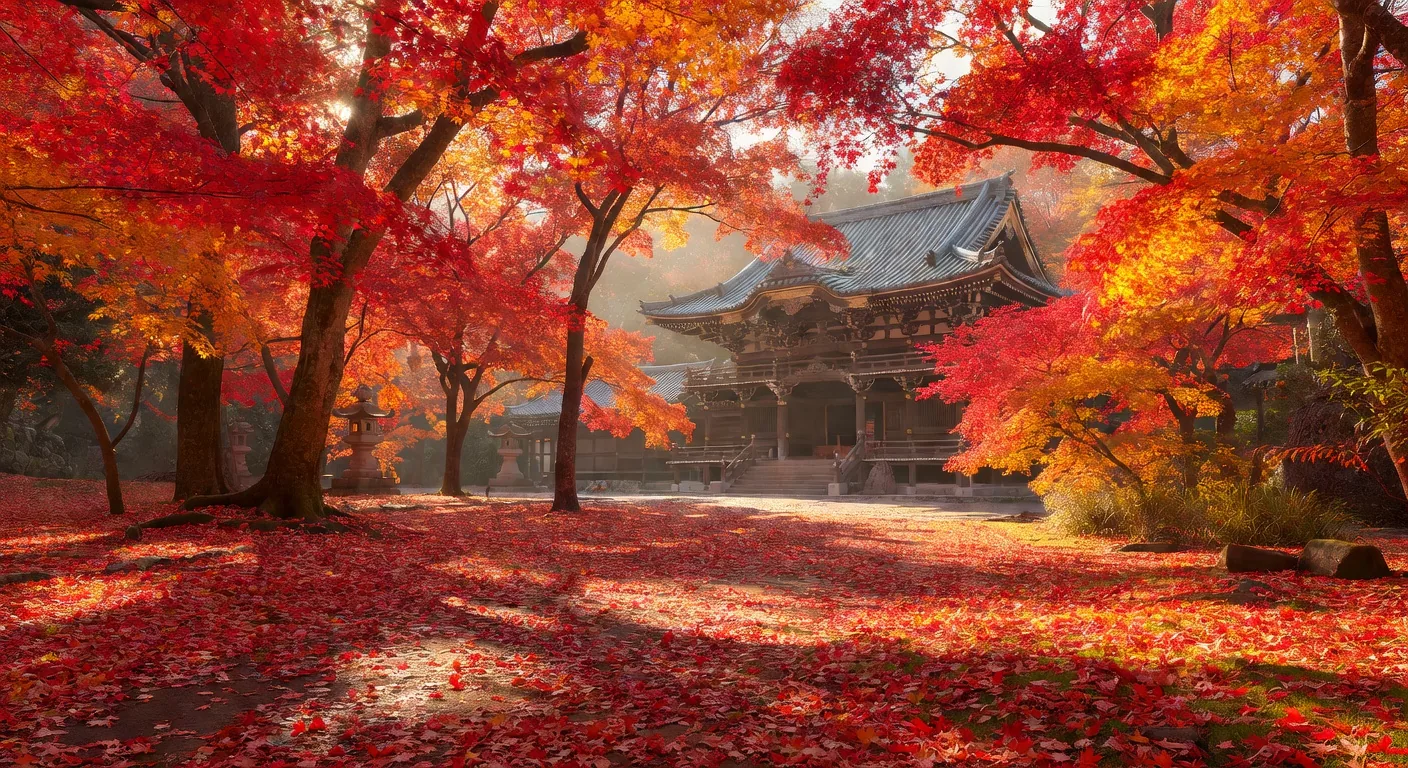 Spectacular autumn foliage in brilliant reds and golds surrounding a historic temple in Nikko