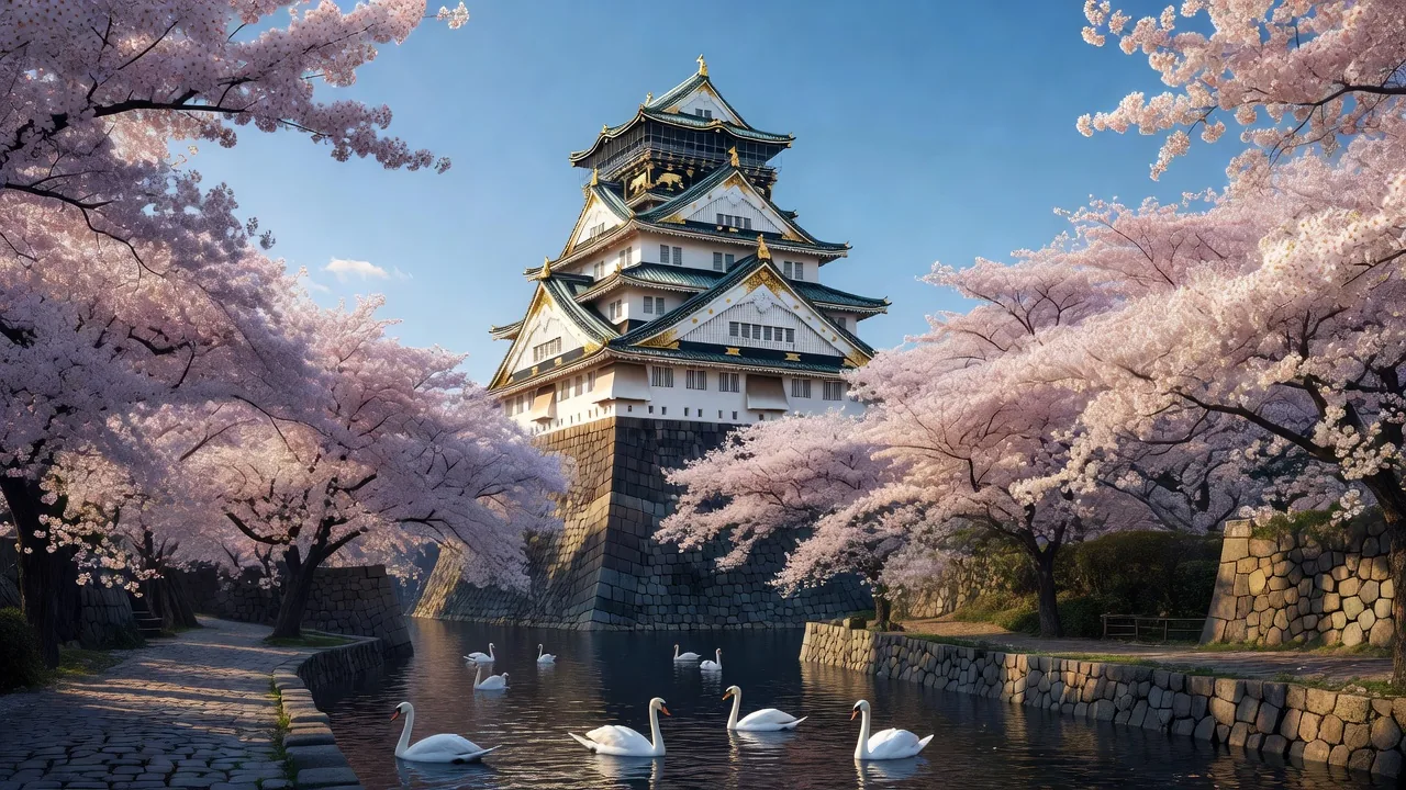 Osaka Castle surrounded by cherry blossoms in spring