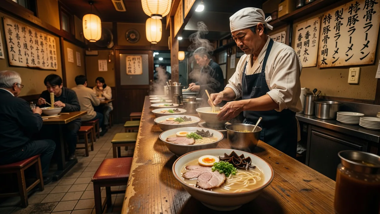 A steaming bowl of ramen at a traditional Japanese ramen restaurant