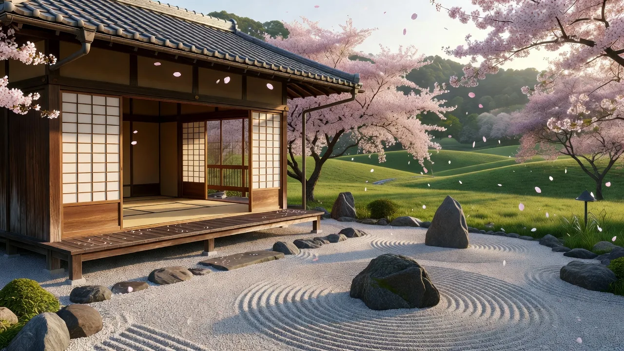 A beautifully decorated traditional Japanese ryokan room with tatami mats, shoji screens, and futon bedding