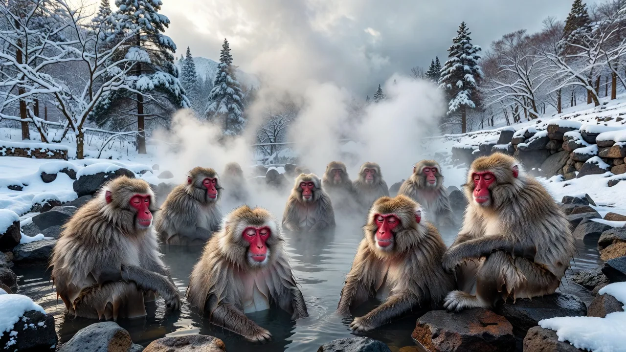 Japanese macaque snow monkeys relaxing in the steaming natural hot spring pools at Jigokudani