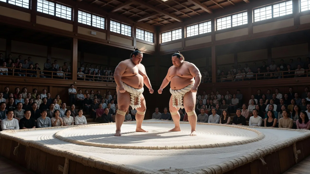 Two powerful sumo wrestlers competing in a traditional clay ring at a grand tournament