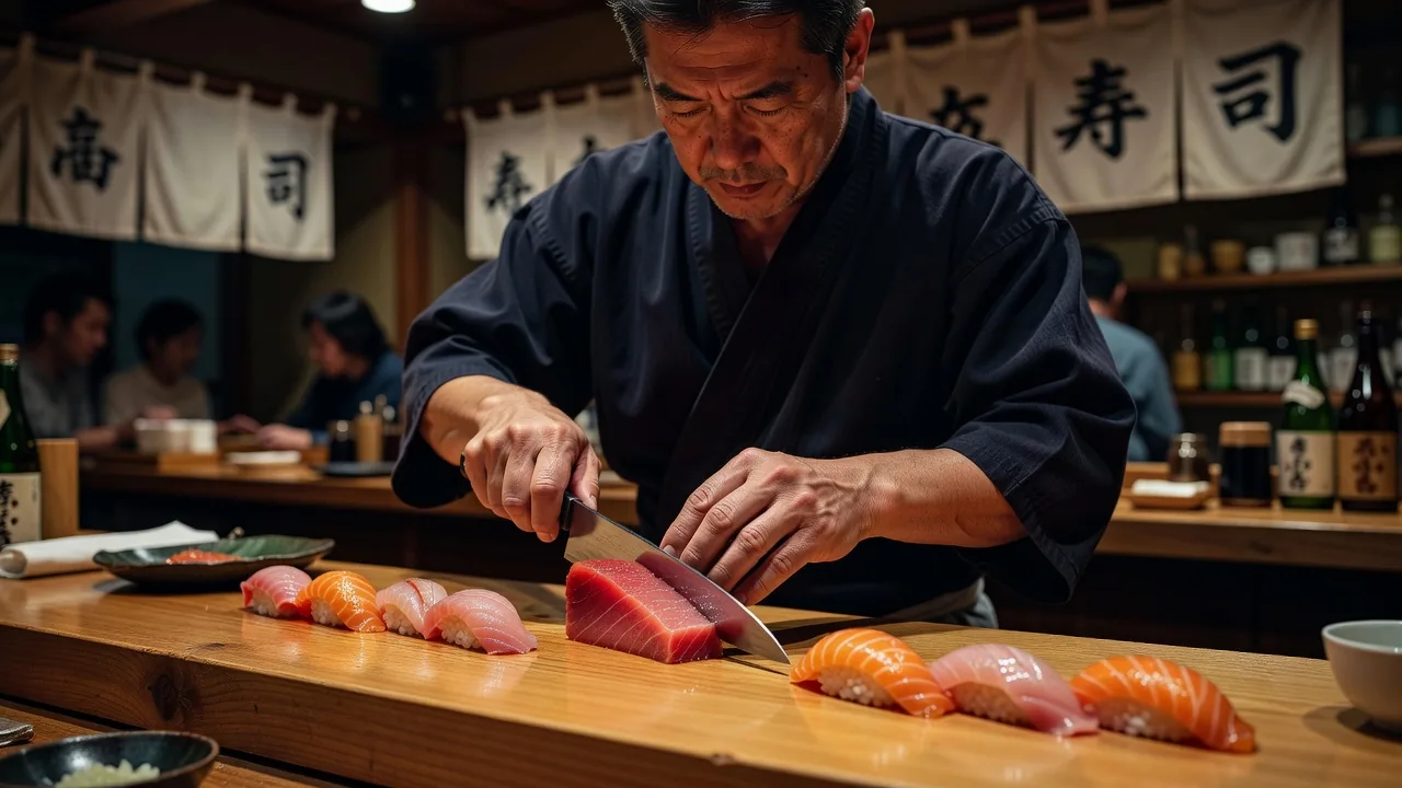 A skilled sushi chef expertly preparing fresh nigiri sushi in a traditional Tokyo restaurant
