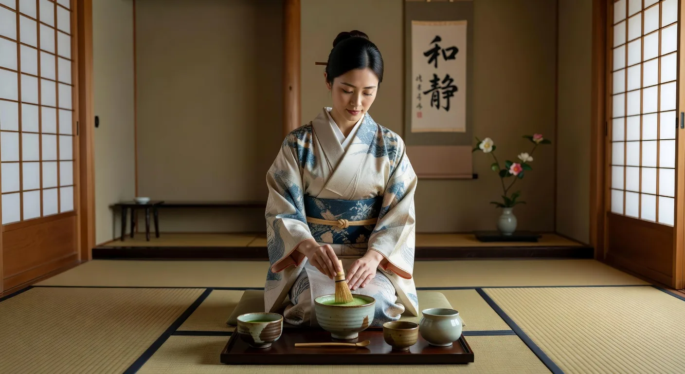 A serene Japanese tea ceremony with matcha being carefully prepared in a traditional tatami room