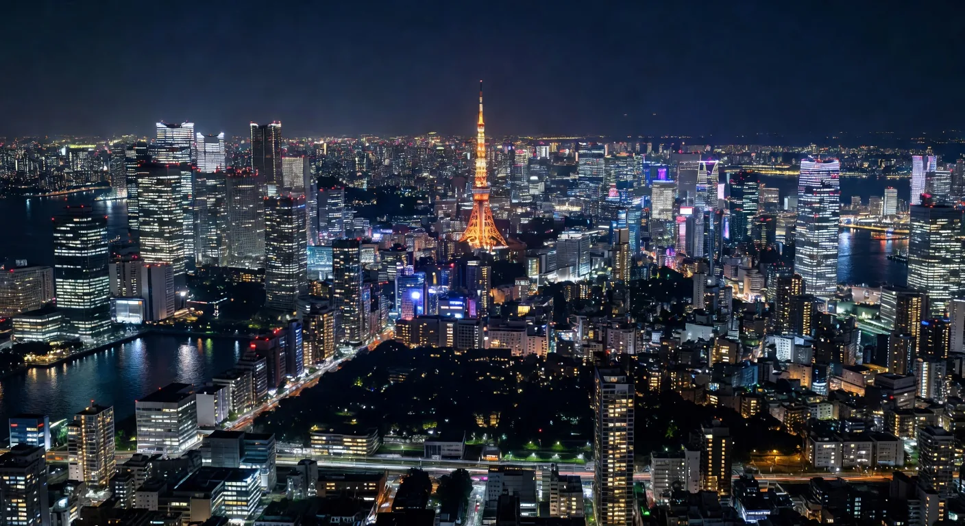 Tokyo skyline glowing at night with Rainbow Bridge and Tokyo Tower